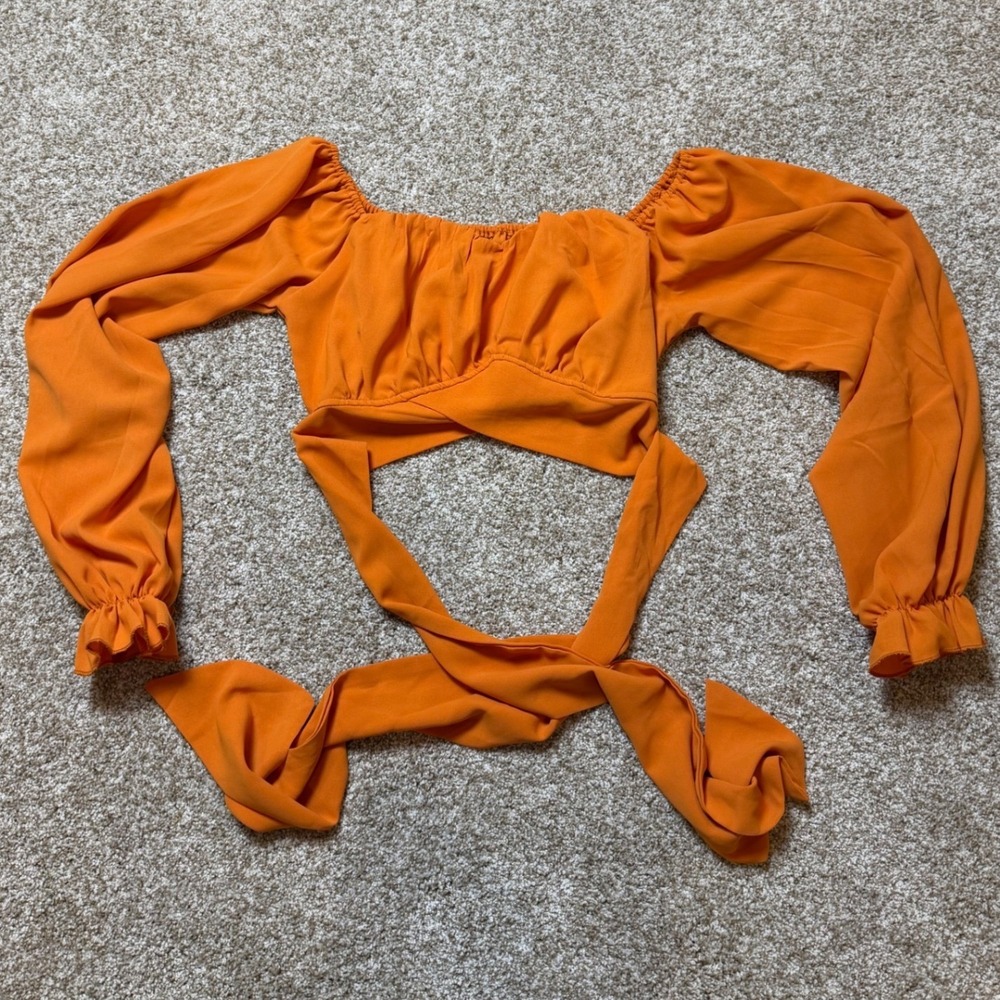 Off The Shoulder Wrap Tie Waist Crop Top Orange Long Sleeve‎ Med Festival Boho